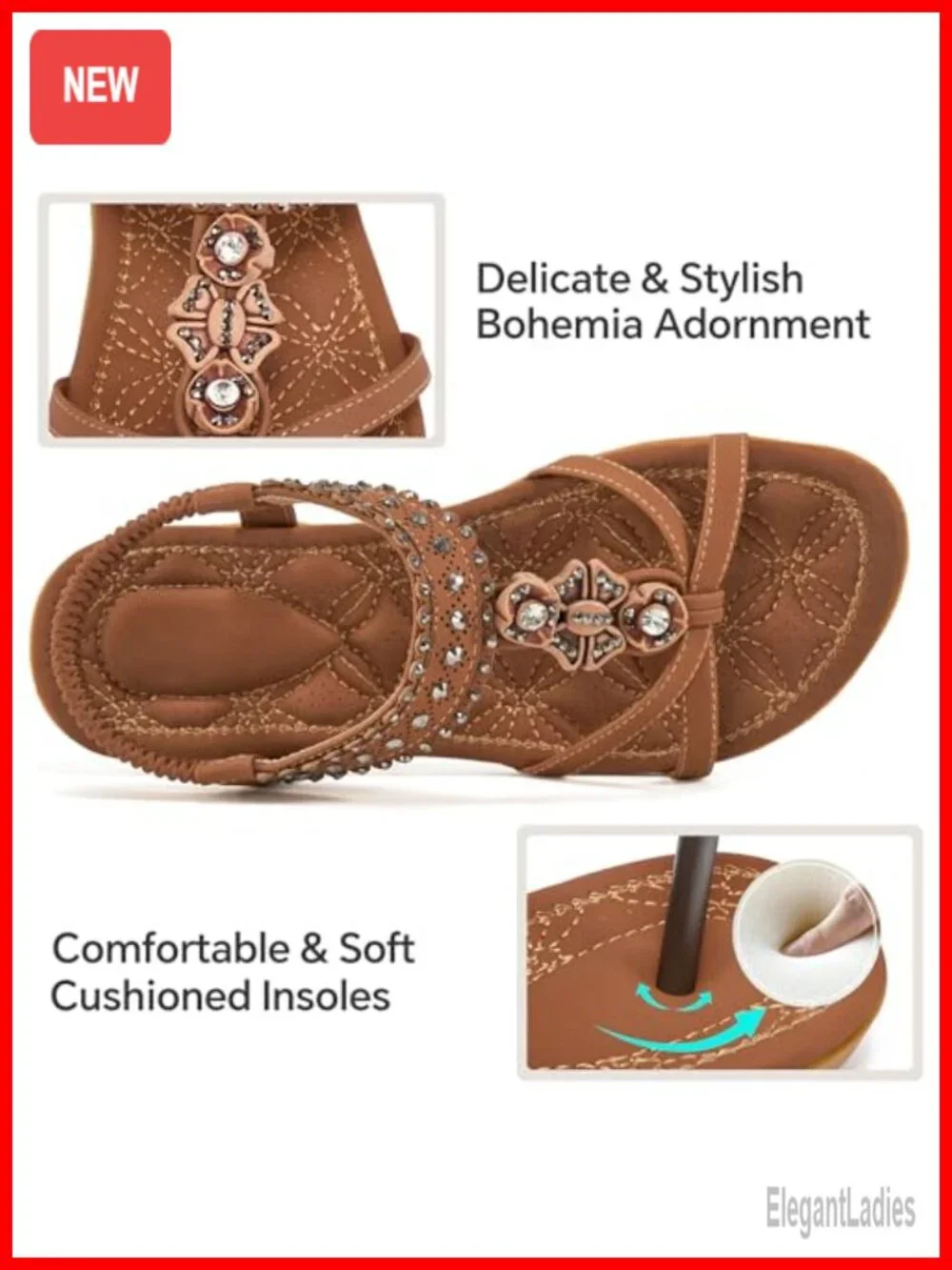 Comfort Sandals with Memory Foam Insole, Slip Resistant, Bohemian Rhinestone,